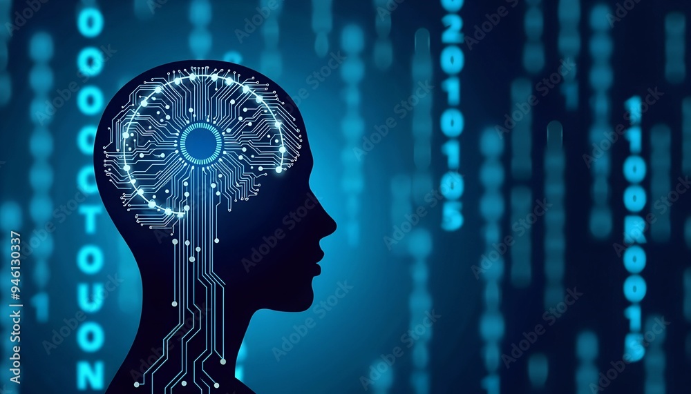 Poster artificial intelligence and iot - blue digital background with binary code, circuit board, and head 