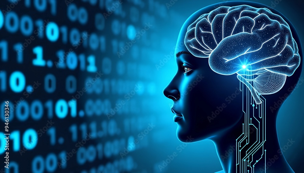 Aufkleber artificial intelligence and iot - blue digital background with binary code, circuit board, and head 