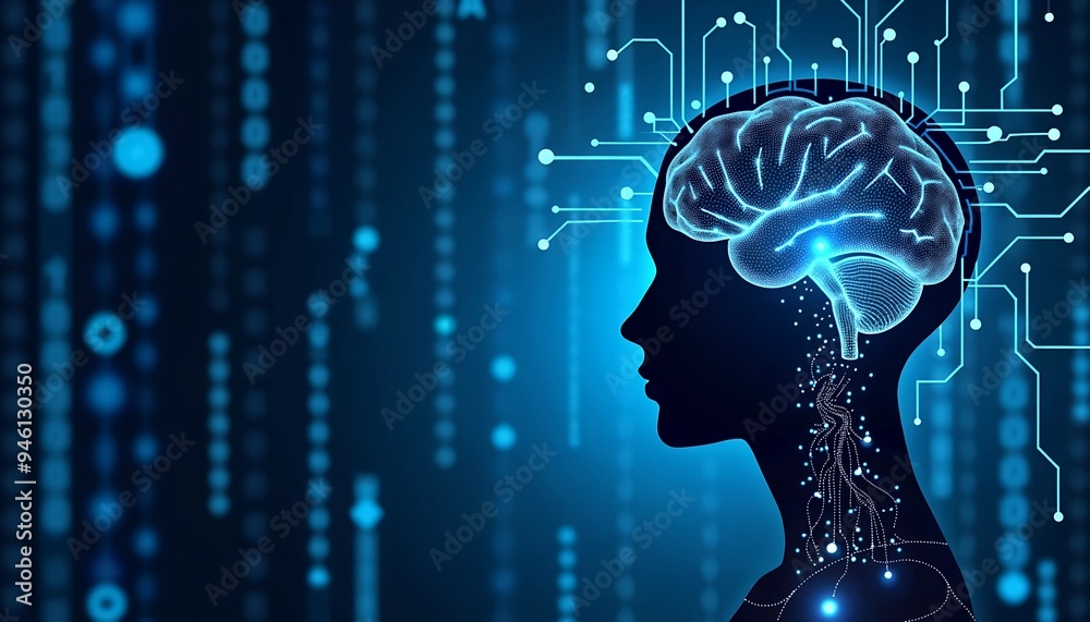 Poster artificial intelligence and iot - blue digital background with binary code, circuit board, and head 