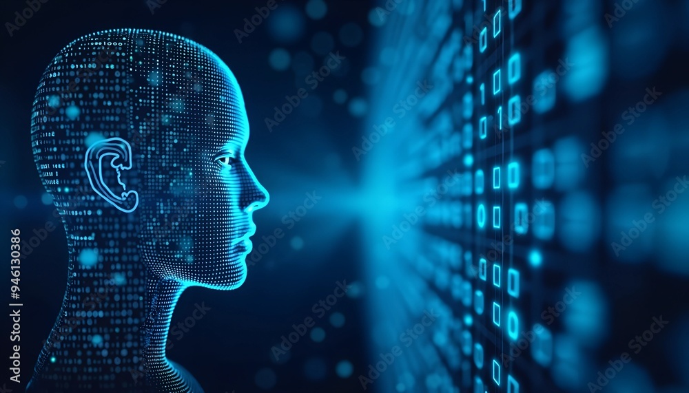 Poster artificial intelligence and iot - blue digital background with binary code, circuit board, and head 