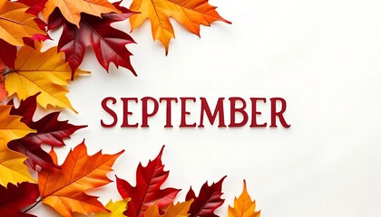 Autumn Background with Colored Leaves Illustration - White Background with 'September' Text and Banner Design