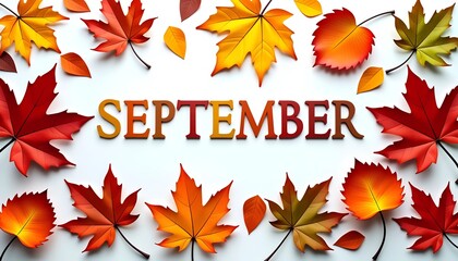 Autumn Background with Colored Leaves Illustration - White Background with 'September' Text and Banner Design