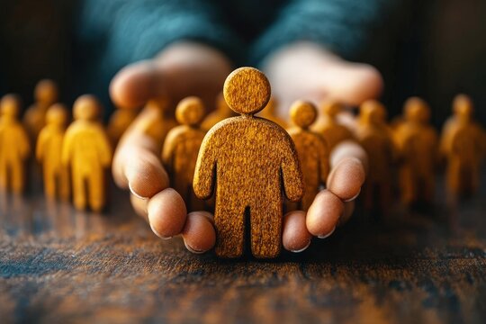 Protecting the Collective: Hands gently cradle a symbolic wooden figure, representing the safeguarding of individuals within a larger community. A poignant image evoking themes of care, responsibility