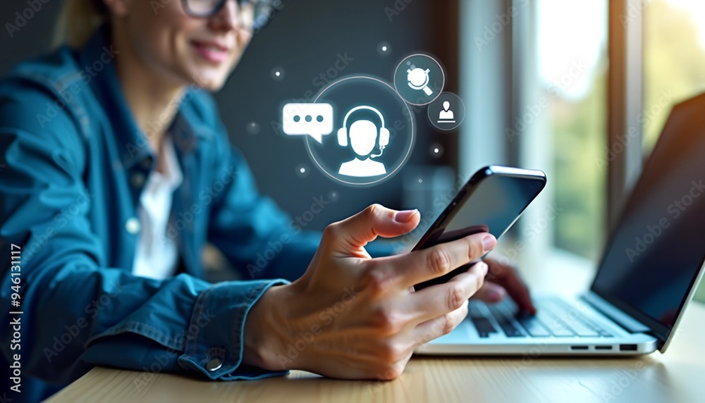 Poster digital chatbot and ai assistant - woman using smartphone for customer service with internet bot app