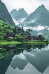 Fototapeta premium A reflection of houses in a lake surrounded by mountains