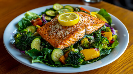 A vibrant and colorful salad with mixed greens, crisp vegetables like zucchini or bell peppers