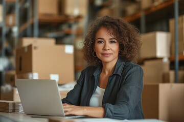 Fototapeta premium Curly-Haired Latina Professional at Desk in Bright Industrial Space
