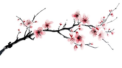 Elegant Cherry Blossom Branch Ink Illustration on White Background