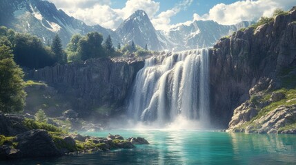 Fototapeta premium Majestic Waterfall Cascading into a Tranquil Lake