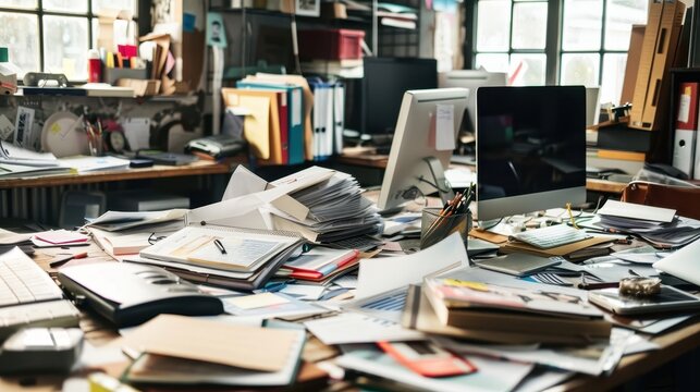 A cluttered office workspace with piles of papers and two computers, depicting a chaotic yet productive environment.