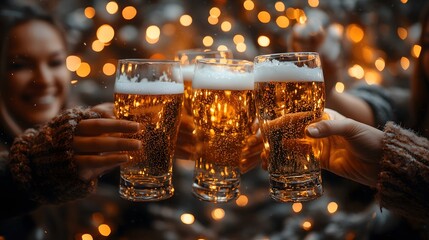 Office Christmas celebration with coworkers toasting drinks, enjoying the festive season and company gatherings in a cheerful atmosphere.