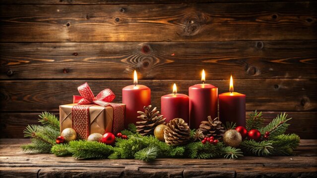Fourth advent decoration with four candles, rustic wooden planks, Christmas gifts, dark brown background, copy space
