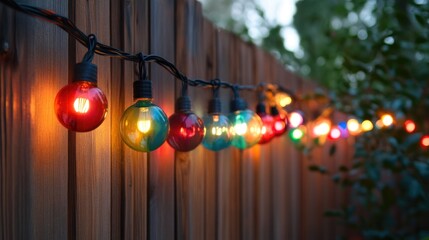 Naklejka premium Vibrant String Lights Draped Over Garden Fence