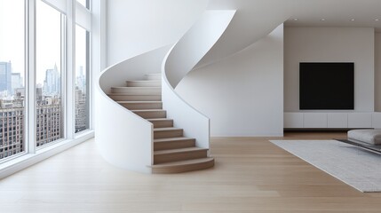 Obraz premium Minimalist interior with curved staircase and large windows overlooking cityscape..