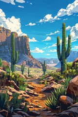 Cacti in a desert with ancient ruins, scattered stones and relics, historical and mysterious illustration