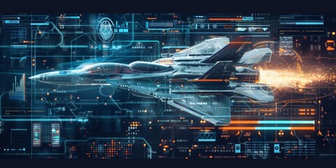 Fighter jet blueprint on digital screen with technical data
