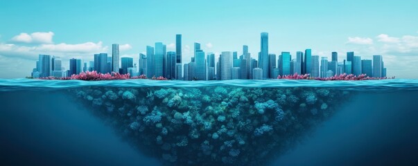 Surreal cityscape with underwater coral reef and skyscrapers..