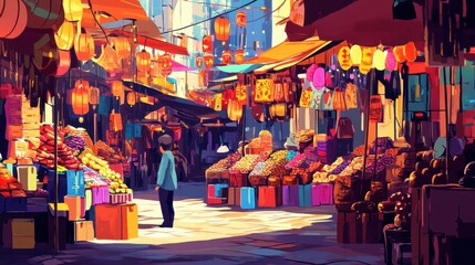Naklejka premium A traveler wanders through a bustling market, surrounded by vibrant stalls displaying fresh fruits, vegetables, and lanterns