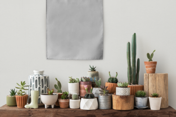 Canvas poster png hanging over a shelf full of cacti and succulents