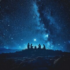 Silhouette of Nativity Scene Against Starry Sky

