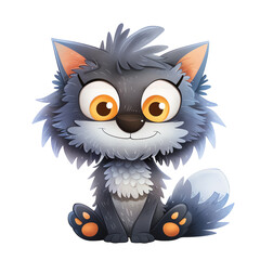 Cute cartoon wolf with fluffy fur and big eyes, sitting adorably. Perfect for children's...