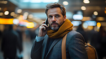 Fototapeta premium Young professional, suited up and on a phone call, walking through the bustling airport with a shoulder bag.