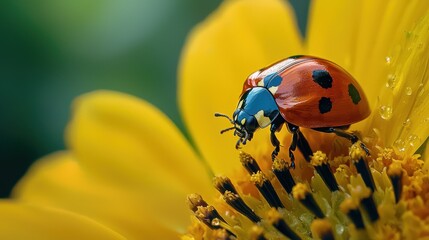 Fototapeta premium Ladybug Perched on a Yellow Flower with Dew Drops