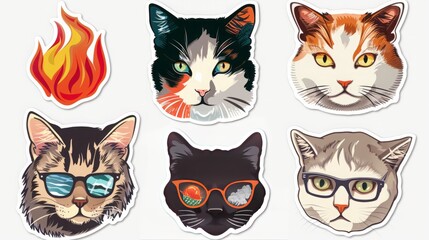 Quintet of Whimsical Cat Stickers in 8K High Resolution: A Fiery, Scholarly, and Playful Feline Collection on White