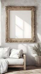 Detailed 3D visualization of a distressed pine wood farmhouse style frame with intricate floral carvings showcased in a natural light filled living room interior with a traditional