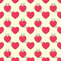 Kawaii cat with red heart seamless pattern. Cute cat pattern with heart
