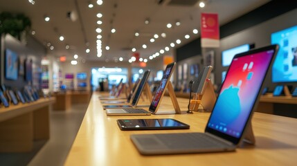 A selection of laptops and tablets on display in a store.