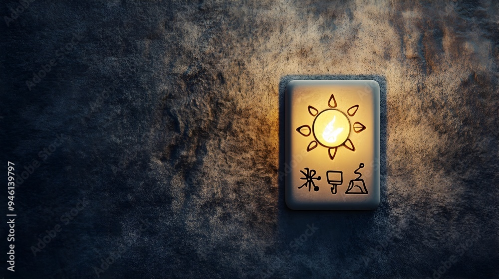 Poster a conceptual image of a light switch with mysterious esoteric symbols on a clean minimal background 