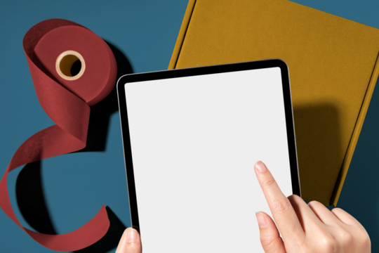 Tablet png mockup, transparent screen, online business concept, brown parcel box below