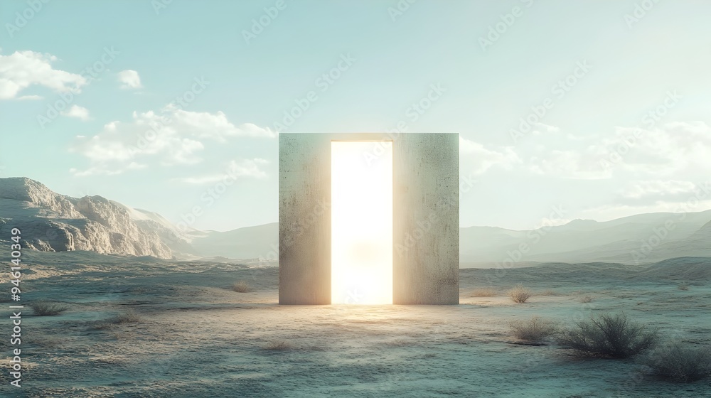 Poster conceptual image of a simple light switch standing alone in the middle of an empty arid desert lands