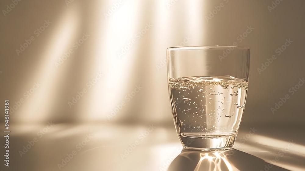 Poster conceptual image of a glass of water floating in midair with mesmerizing light passing through the t