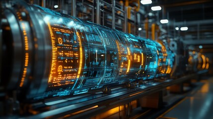 A high-tech holographic display illustrates the effects of advanced technology on production processes in a bustling factory environment.