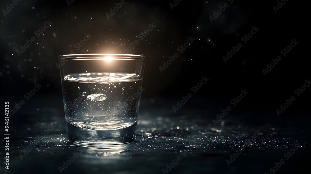 Poster conceptual image of a glass of water seemingly floating in a dark mysterious void with a soft glowin