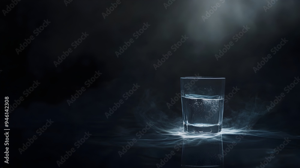 Poster conceptual image of a glass of water floating in a dark mysterious void with soft emanating light ca