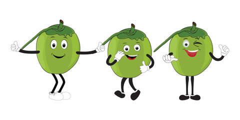 Set of green coconut fruit cartoon character, Mascot poses with smile expression Isolated Vector Illustration