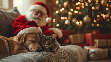 Cozy Christmas scene featuring a dog and cat resting together while Santa relaxes nearby by a beautifully decorated tree.