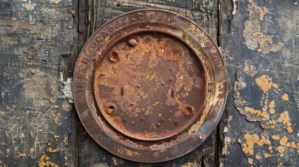 Flat lay of an old, weathered iron plate with peeling paint and rust, showcasing age and wear