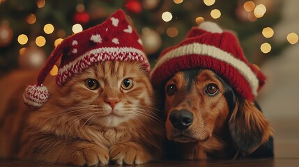 Festive pets together, a cat and a dog wearing Christmas hats, celebrating the holiday season with warmth and joy.