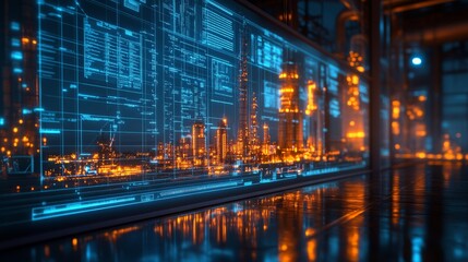 A holographic display illustrates the impact of industrial processes, highlighting intricate data and cityscape silhouettes in a darkened facility.