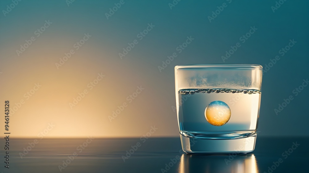 Poster conceptual image showcasing a glowing luminescent orb submerged within a glass filled with water cre
