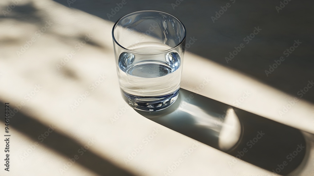 Poster a conceptual and abstract image depicting a glass of water sitting on a simple surface with shadows 