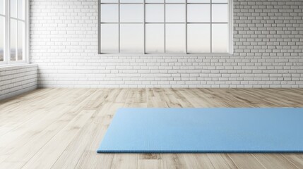 Fototapeta premium Experience a tranquil yoga studio with a wooden floor and white brick walls, bathed in natural light, ideal for fitness and mindfulness activities