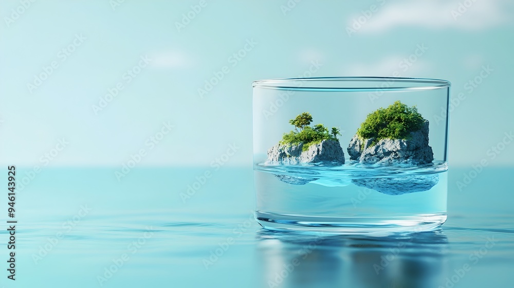 Poster a conceptual and minimalist image of a glass of water filled with tiny floating islands creating a s