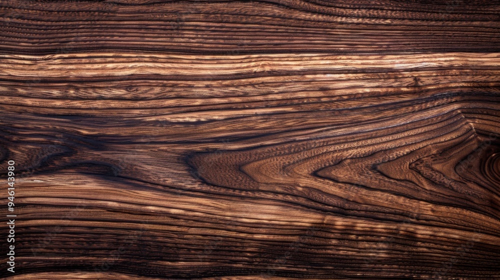 Poster Flat lay of dark walnut wood with rich tones and deep grain patterns, ideal for a luxurious background