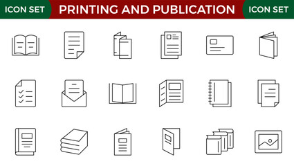 Printing and Publication icon set. Flyer Brochure line icon set. letterhead, booklet, leaflet, corporate catalog, and envelope icon set. Outline iconcollection.