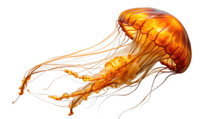 Glowing orange jellyfish swimming underwater on the transparent background PNG